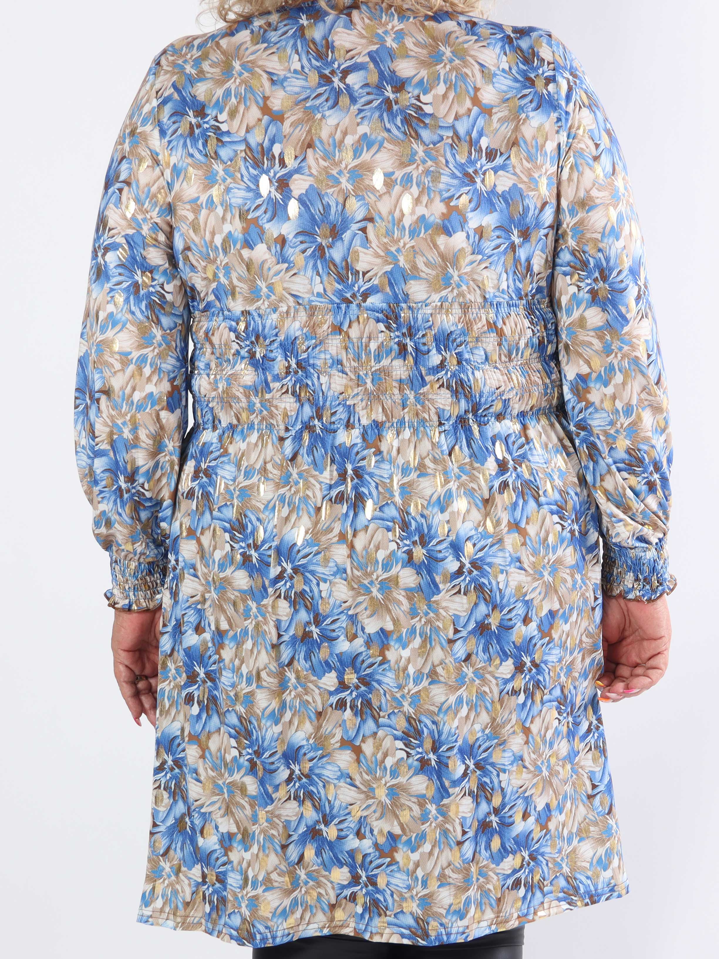 Pams Floral Short L/S - Elastisk plus size kjole med smock i livet
